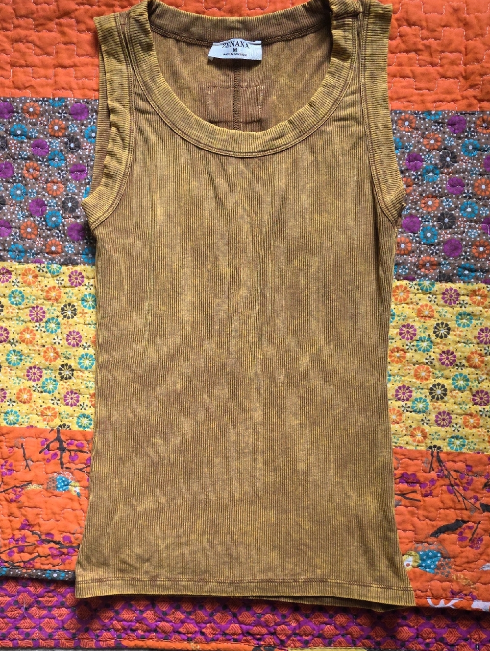 Zenana Outfitters Ribbed Tank Top in Acidwash Brown/yellow